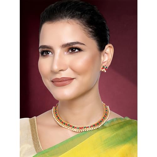 Aheli Ethnic Faux Kundan Pearl Fancy Bridal Choker Necklace Indian Traditional Bollywood Jewelry Set with Earrings Gift for Women - color: Red & Green