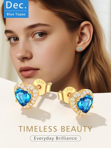 FindChic Birthstone Earrings for Women, Round/Heart/Square/Teardrop Earrings with 925 Sterling Silver Posts & Push Backs, Hypoallergenic Studs with Cubic Zirconia, 12 Months Jewelry with Gift Box - style: 12. December-Blue Topaz (Heart-Gold)