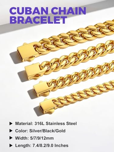 Richsteel Gold/Black/Silver Cuban Link Bracelet for Men,5/7/9/12MM Width | 316L Stainless Steel Chain Wrist Bracelet, Waterproof, No Tarnish, Hypoallergenic Hip Hop Jewelry, with Gift Box - color: 02-Gold Plated 5mm Width