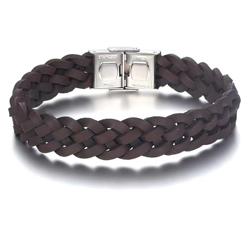 Men's Leather Bracelet, Stackable Stainless Steel Clasp Bracelets for Men Stylish Birthday, Thanksgiving, Valentine's Day Gift for My Man (8.2" Braided Brown Leather) | Men's Accessory, Leather Band, Stainless Steel, Wrist Bracelet