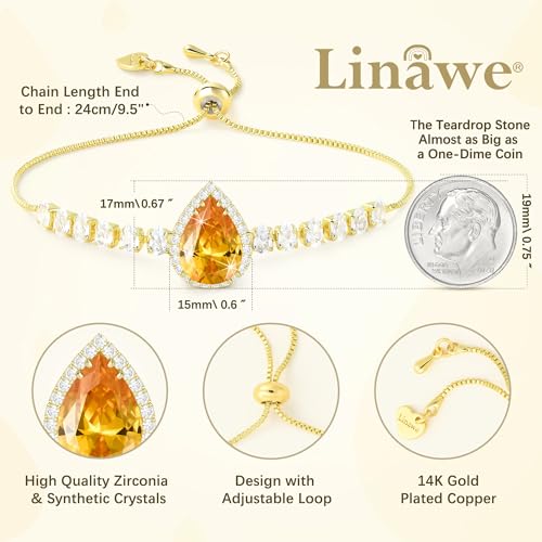 Linawe Crystal Imitation Diamond Rhinestone Charm Bracelets for Women, Gold/Silver/Rose Gold Adjustable Chain Bracelet, Teardrop Birthstone Cubic Zirconia Prom Costume Wedding Jewelry - color: Gold,Nov