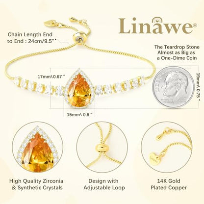 Linawe Crystal Imitation Diamond Rhinestone Charm Bracelets for Women, Gold/Silver/Rose Gold Adjustable Chain Bracelet, Teardrop Birthstone Cubic Zirconia Prom Costume Wedding Jewelry - color: Gold,Nov
