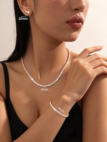 Jstyle 925 Sterling Silver Jewelry Set for Women - Dainty Tennis Necklace Bracelet Earrings Set Hypoallergenic Rhinestone Wedding Jewelry Sets for Brides Bridesmaids Crystal Prom Costume Accessories - color: Style A: 14K Gold Plated