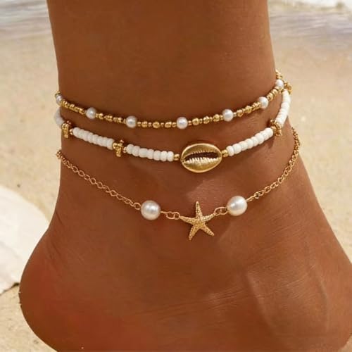 Smilelife Seashell Ankle Bracelets for Women Starfish Bracelets Layered Boho Puka Shell Anklet Cowrie Shell Bracelets Hawaiian Summer Beach Foot Chain Jewelry - color: Starfish
