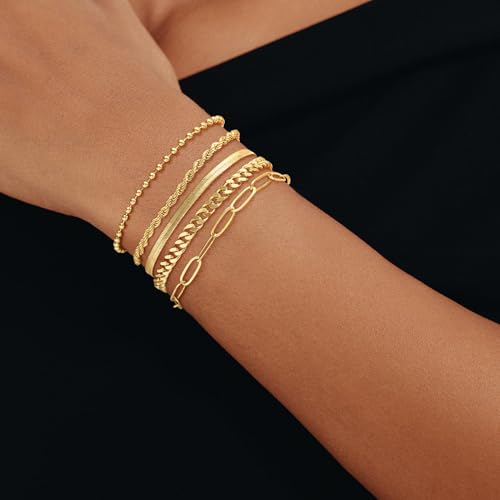 Cuzmly Bracelets for Women, Waterproof 14K Gold/Silver Plated Stackable Bracelets for Women Non Tarnish Trendy Dainty Paperclip Figaro Box Herringbone Hand Chain Bracelet Pack Stack Adjustable Jewelry for Women - style: 5 Rope