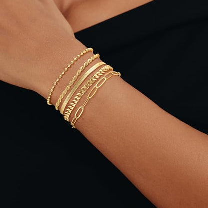 Cuzmly Bracelets for Women, Waterproof 14K Gold/Silver Plated Stackable Bracelets for Women Non Tarnish Trendy Dainty Paperclip Figaro Box Herringbone Hand Chain Bracelet Pack Stack Adjustable Jewelry for Women - style: 5 Rope