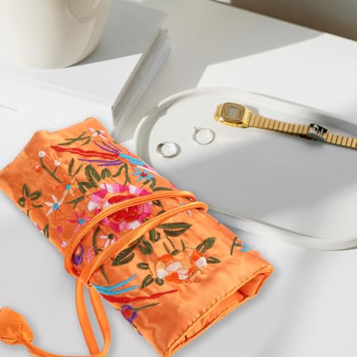 Cabilock Embroidered Jewelry Roll Bag Handmade Flower Brocade Jewelry Bag Organizer with Zip Pocket Travel Pouch for Earrings Bracelets Necklaces Cosmetic Brushes 10.62 X 7.87 X 0.19 in