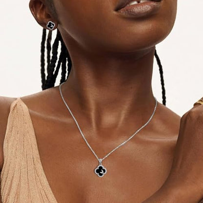 14K Gold Plated | 14K Platinum Plated Necklace for Women Necklace Earrings Set with Sparkling Zircon Inlay and Silver Post Earrings - color: clover suit silver