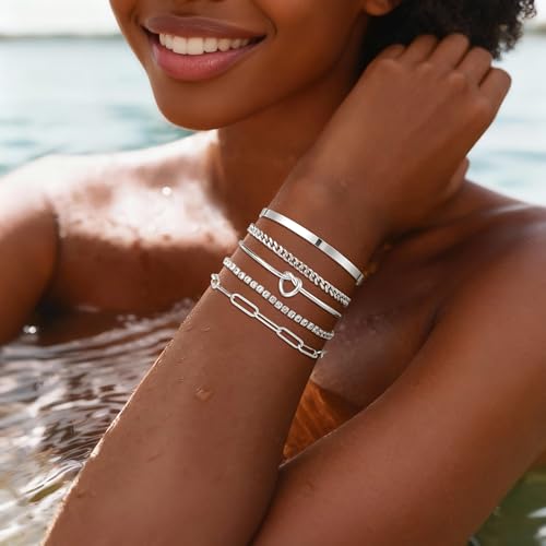 14K Gold Plated Stackable Bangle Bracelets Set for Women | Cuff Bracelet Stackable Bangles Bracelet for Women Trendy Fashion Accessories Tie Knot Cuban Rope Paperclip Beaded Bracelets - color: 5-layer D SL