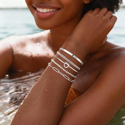 14K Gold Plated Stackable Bangle Bracelets Set for Women | Cuff Bracelet Stackable Bangles Bracelet for Women Trendy Fashion Accessories Tie Knot Cuban Rope Paperclip Beaded Bracelets - color: 5-layer D SL