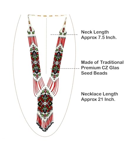 Long Beaded Necklace – Boho Native Handmade Seed Bead Tassel Necklace, Bohemian Large Statement Beaded Necklace for Women - color: Black-Red White
