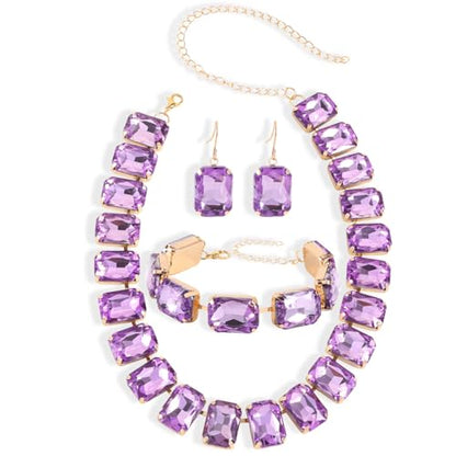 KOSMOS-LI Rectangle Faux Crystal Jewelry Sets Includ Necklace Bracelet Earrings For Women Stocking Stuffers - color: purple
