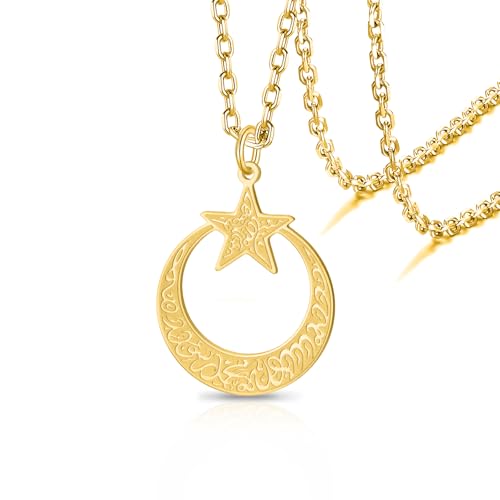 VASSAGO Islamic Ayatul Kursi Necklace Crescent Moon and Star Pendant Arabic Muslim Quran Calligraphy Allah Jewelry Stainless Steel Islam Eid Ramadan Gift for Women Men - color: Gold