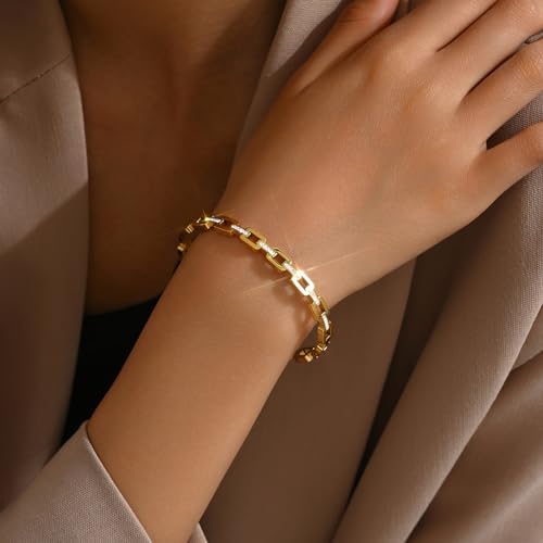 Gold Bangle for Women 18K Gold Plated Bamboo Heart Star Labyrinth Bangle Bracelets Dainty Stainless Steel Jewelry Gifts - color: Hollow Out CZ Bangle-Gold