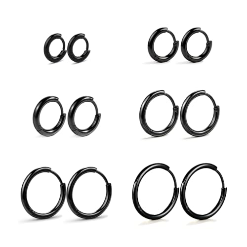 Small Gold Silver Hoop Earrings for Women Men | Stainless Steel Huggie Hoops Earring Stacks for Multiple Piercing 6mm-16mm - color: Black, 6 Pairs: 6/8/10/12/14/16mm