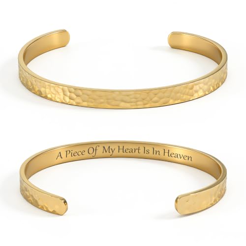 Inspirational Bible Verse Cuff Bracelet for Women, 18K Gold Plated Hammered Bangle, Christian Faith Jewelry Gift, Adjustable Non Tarnish - color: A piece of my heart is in heaven-Hammered Gold