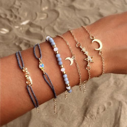 Aluinn Boho Layered Charm Bracelet Set Gold Moon Star Jewelry | Stackable bracelet set with moon and star charms, adjustable fit and style for beach trips, vacations and everyday outfits