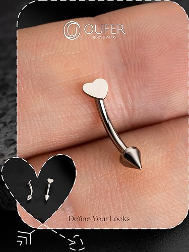 OUFER Rook Piercing Jewelry, G23 Solid Titanium Eyebrow Rings, Heart Vertical Labret Lip Jewelry, 16G Curved Barbells, Daith Rook Earrings for Women Men - color: Silver Heart, size: 16G 6mm