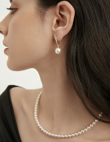 Mameloly Pearl Earrings for Women Leverback Dangle Trendy Simulated Pearl Drop Earrings 14K Gold Plated Sterling Silver 925 Cute Jewery for Women - color: 14K Gold Plated CZ