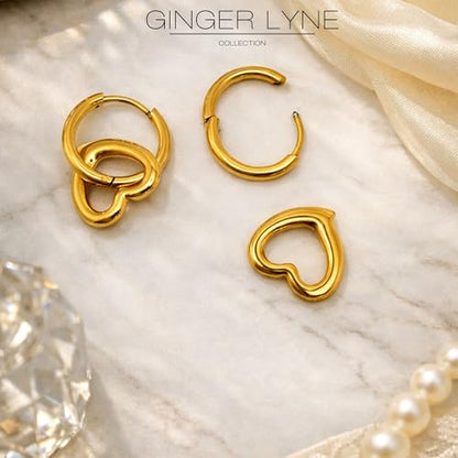 Open Heart Charm Hoop Earrings for Women by Ginger Lyne | 18K Gold Plated Stainless Steel Lightweight 12mm Classic Round Clicker for Lobe Cartilage Piercing Body Jewelry for Her - color: Gold Tone
