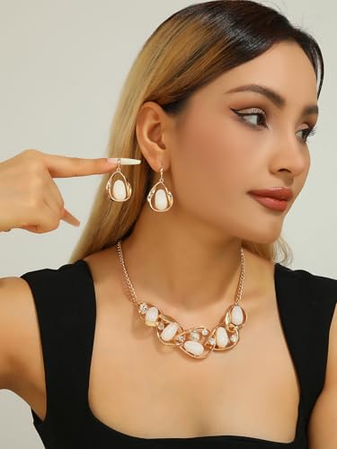 Chunky Statement Jewelry Set Blue Ocean Seashell Choker Necklaces Earrings Set for Women Pearl Bib Collar Necklaces for Party Prom Pageant Summer Fashion Jewelry Unique Birthday Gift - style: Geometric connection JS gold white