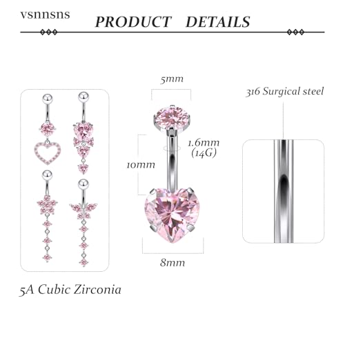 Vsnnsns 14G Dangle Belly Button Ring Piercing Jewelry 316L Stainless Surgical Steel Snake Heart Butterfly Flower Diamond CZ Navel Rings Dangling Belly Button Ring Piercing Jewelry for Women 14 Gauge - color: Silver-Pink CZ
