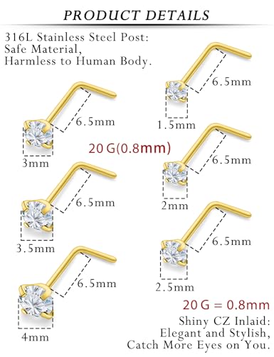 18G 20G 22G 24G Nose Rings Studs 316L Surgical Steel L Shaped Nose Nostril Studs Piercing Jewelry for Women Men Silver Gold Black CZ 1.5mm 2mm 2.5mm 3mm 3.5mm 4mm - style: Gold-20G(0.8mm)-7mm Bars-1.5mm 2mm 2.5mm 3mm 3.5mm 4mm CZ