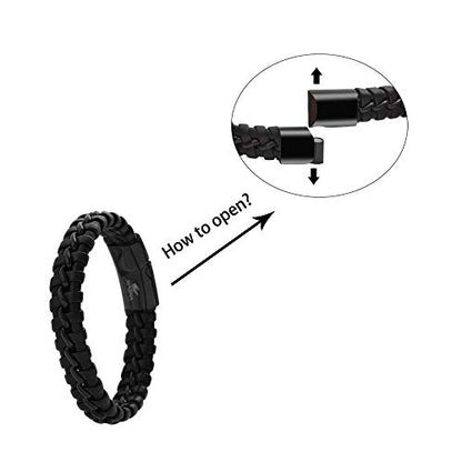 Men's Braided Genuine Leather Wristband Cuff Bracelet - color: Black