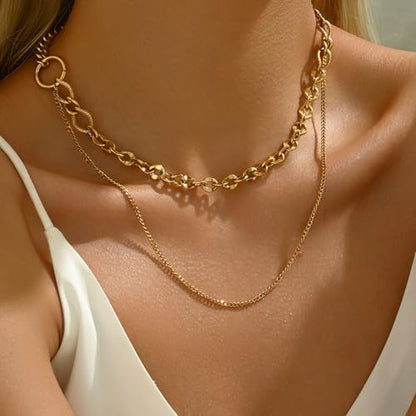 18K Gold Plated Layered Herringbone Necklaces for Women Dainty Layering Beaded Snake Chain Choker Moon Coin Pendant Necklace Trendy Stainless Steel Jewelry - color: Double Cuban Link-Gold