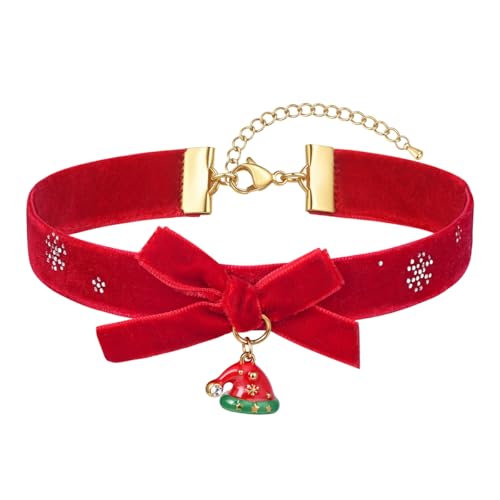FOSIR Velvet Choker for Slender Neck, 14k Gold Plated Sainless Steel Heart/Snowman/Deer/Hat/Tree/Bell/Pendant Collar Necklace for Women, Adjustable Soft Skin-Friendly Velvet Jewelry Gifts - color: Red Choker- Hat