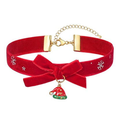 FOSIR Velvet Choker for Slender Neck, 14k Gold Plated Sainless Steel Heart/Snowman/Deer/Hat/Tree/Bell/Pendant Collar Necklace for Women, Adjustable Soft Skin-Friendly Velvet Jewelry Gifts - color: Red Choker- Hat