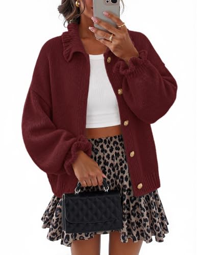 MEROKEETY Women's Fall Trendy Chunky Knit Cardigan Casual Ruffle Sweaters | Button Down, Long Sleeve, Cute Ruffle Collar, Mock Neck, Fashion Cozy Knit Sweater, Dressy Casual Winter Outerwear Clothes - color: Burgundy, size: Large