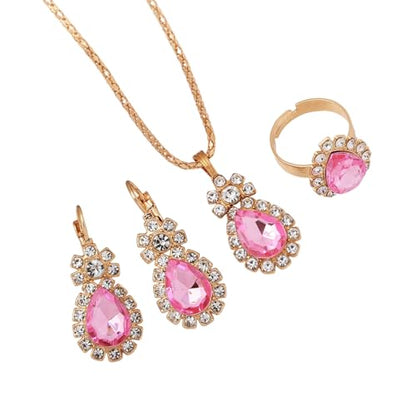 Teardrop/Heart Crystal Jewelry Set for Women, Gold Tone Rhinestone Necklace Earrings Ring Set, Wedding Bridal Prom Party Jewelry Gift - color: Pink (teardrop)