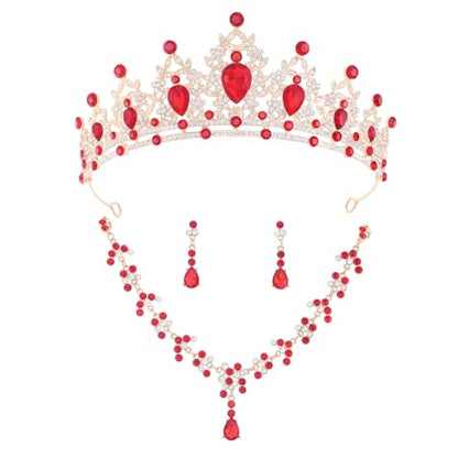 Crystal Crown and Tiara Jewelry Set for Women Bride with Necklace Earrings | Metal Rhinestone Royal Queen Princess Jewelry Set Wedding Quinceanera Pageant Prom Birthday Halloween Party Costume Gift - color: Red