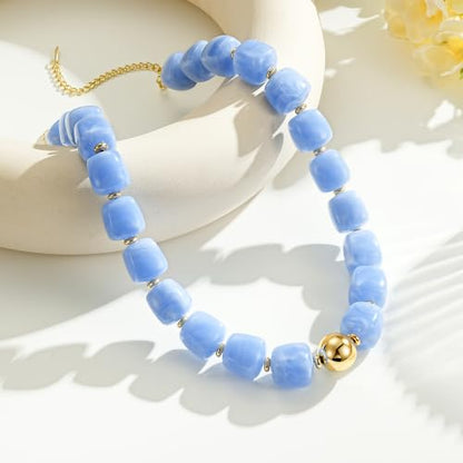 Ritach Chunky Beaded Necklaces for Women - Colorful Large Square Acrylic Beaded Necklace Boho Chunky Necklace Adjustable Statement Choker Necklace for Women Waterproof Summer Beach Jewelry Gifts - color: Sky Blue