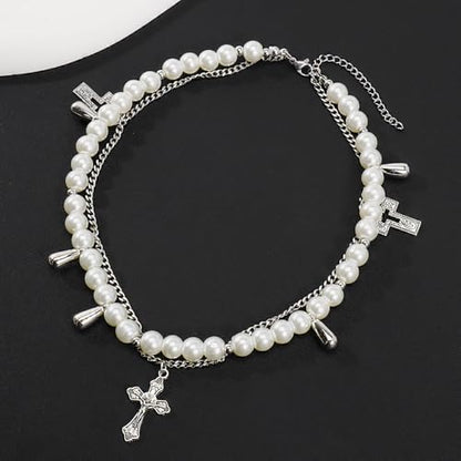 Bocar Gothic Cross Layered Pearl Necklace Chunky Statement Stacked Necklace Y2K Silver Layered Necklace for Women (NK-10769) - color: necklace