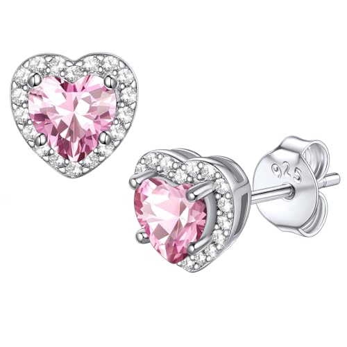Bestyle 8mm Small Birthstone Earrings for Women with Hypoallergenic Sterling Silver Post,Sparkle Heart/Round Womens Studs Earrings, Great Birthday/Christmas/Anniversary Jewelry for Wife Mother - color: 10. Oct. Pink Tourmaline-Heart