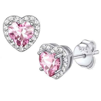 Bestyle 8mm Small Birthstone Earrings for Women with Hypoallergenic Sterling Silver Post,Sparkle Heart/Round Womens Studs Earrings, Great Birthday/Christmas/Anniversary Jewelry for Wife Mother - color: 10. Oct. Pink Tourmaline-Heart