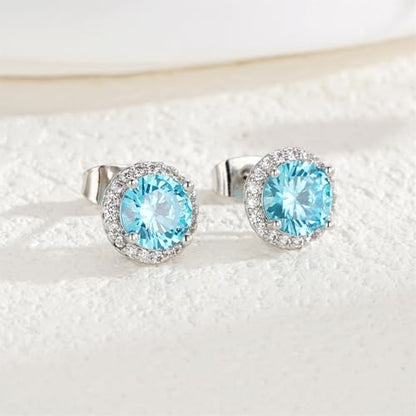 YOMELA Round Cubic Zirconia Stud Earrings for Women | Everyday Dainty, Diamond-Like Brilliance, CZ Halo Birthstone Studs, Hypoallergenic & Lightweight, Elegant & Versatile - color: Aquamarine