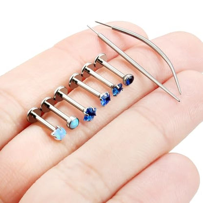 F136 Titanium 20/18/16g Internally Threaded Medusa Monroe Lip Ashley Labret Nose Rings Flat Back Tragus Helix Cartilage Conch Screw Stud Earrings Surgical Steel Piercing Jewelry for Women - color: Blue CZ, size: 16g*5/16in