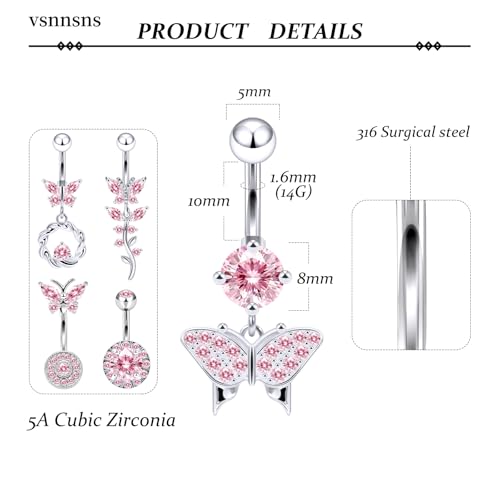 Vsnnsns 14G Belly Button Ring Piercing Jewelry 316L Stainless Surgical Steel Heart CZ Pearl Butterfly Flower Navel Rings Dangle Belly Button Ring Navel Piercing Jewelry for Women Men Hypoallergenic - color: Silver-Pink CZ