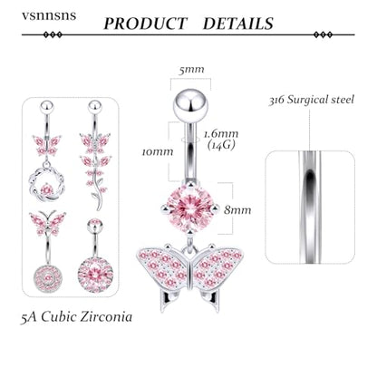 Vsnnsns 14G Belly Button Ring Piercing Jewelry 316L Stainless Surgical Steel Heart CZ Pearl Butterfly Flower Navel Rings Dangle Belly Button Ring Navel Piercing Jewelry for Women Men Hypoallergenic - color: Silver-Pink CZ