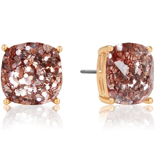 Large Square Stud Earrings for Women - Big Sparkly Rhinestone Studs | Plated in Gold Tone or Silver Tone, Hypoallergenic and Safe for Sensitive Ears - color: Rose Gold Glitter