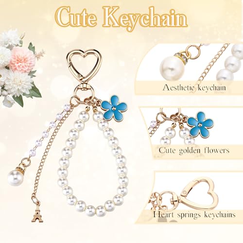 Sureio 5 Pcs Bag Extender Chain Pearl Purse Chain Ribbon Bow Keychain Extender Bag Strap Purse Charms Accessories for Handbag - color: Blue and Gold
