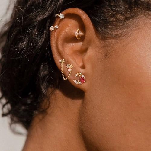 Sterling Silver Earrings Stacks for Women, Hypoallergenic Cartilage Earring | Dainty Stud Huggie Hoop Dangle Chain Earrings, 14K Gold/White Gold Plated - color: 5Pcs Chain Earrings(Single Earring Not a Pair)
