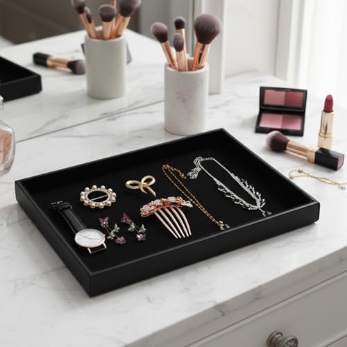 6 Pcs Velvet Stackable Jewelry Organizer Trays Showcase Display Tray Bracelet Ring Earring Necklace Organizer Empty Plate for Drawers Countertop (Black)