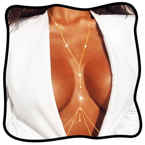 Urieo Sparkly Rhinestone Bra Chain Gold Crystal Layered Chest Chain Diamond Sexy Necklaces Body Chain Jewelry for Women