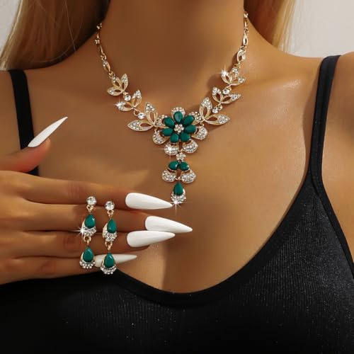Wedding Jewelry Sets for Brides Rhinestone Necklace and Earring Set Bracelet Ring Gold Silver Prom Jewelry Sets Diamond Flower Teardrop Necklace for Women - color: Style3-Green