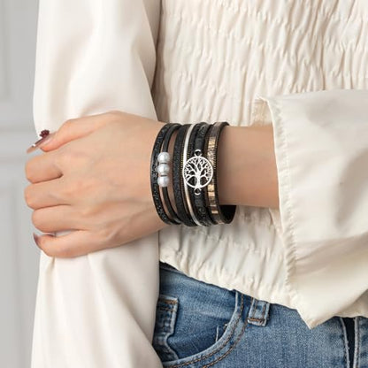 Rantanto Leather Wrap Bracelets For Women Gold Twist Lock Buckle Wrist Cuff | PU leather,Skin-friendly,Boho Stackable Wristband,Fashion Daily Jewelry,Trend Casual Party Bangle,Fit For Birthday, Holiday - color: Tree Life Black