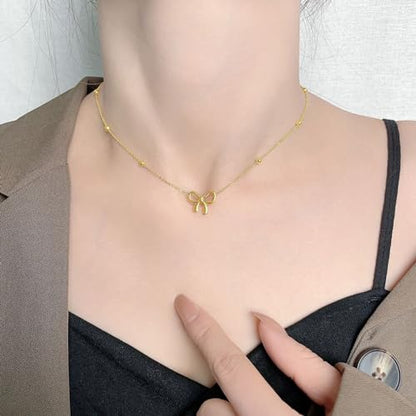 Gold Bow Necklace Bracelet Earrings Set for Women Bowknot Choker Necklace Ribbon Stud Earrings Silver Bow Bracelet Christmas Holiday Jewelry - color: Gold